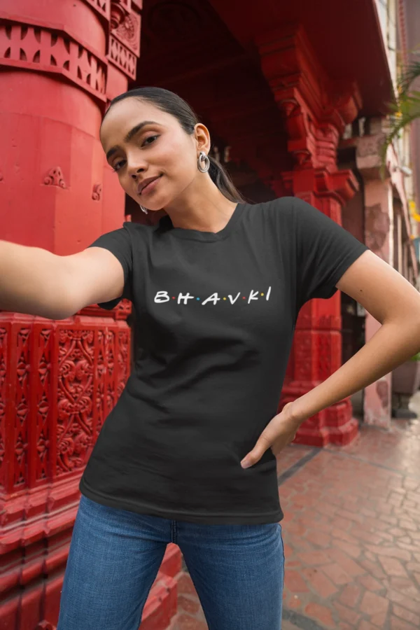 Powerful Bhavki Marathi Printed T-Shirt In Black Mockup