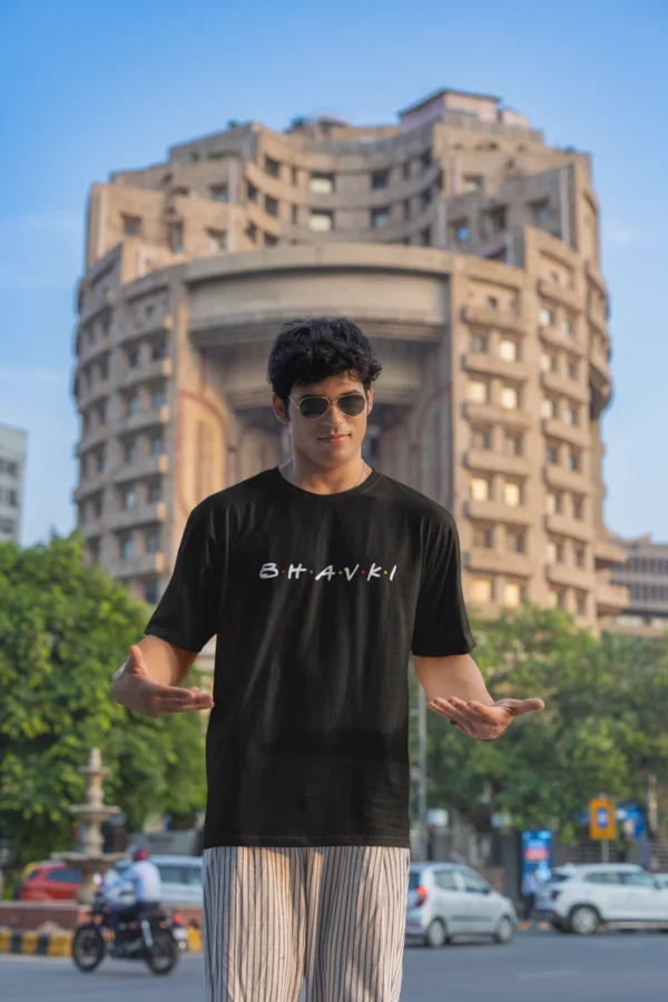 Powerful Bhavki Marathi Printed T-Shirt In Black Mockup